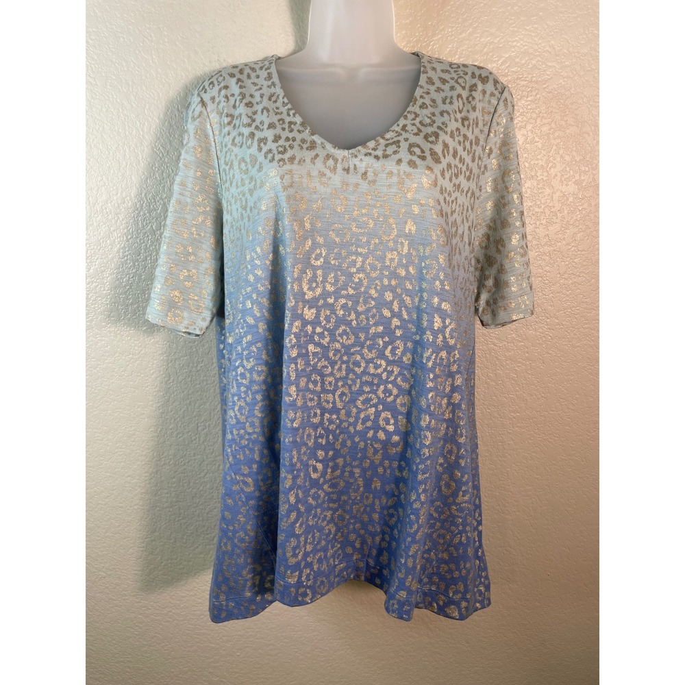 Chicos 2 US Large Top Blue Gold Ombre Leopard Print Metallic V Neck Tee Casual